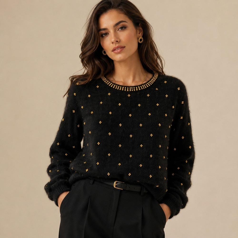 Westbound Petites Black Lambswool Angora Gold‎ Beaded Vintage Sweater Womens M